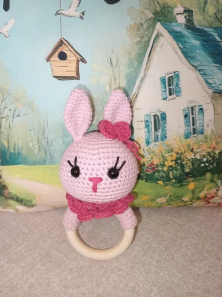 Amigurumi  Miniklerden Pembe Tavşan Çıngırak Sağlıklı Oyuncak El Örgüsü - Resim 2