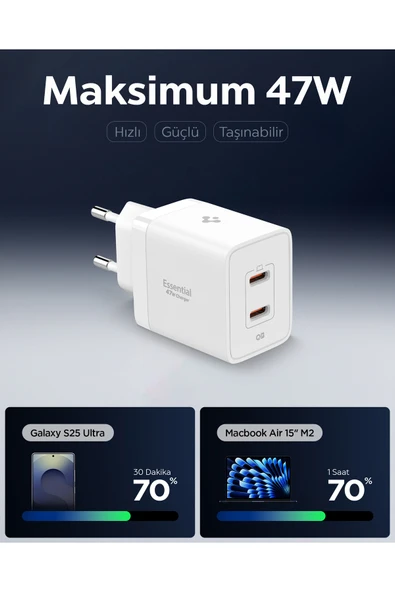 Spigen 47W USB-C 2 Port Mini Hızlı Şarj Aleti Samsung PPS 2.0 / GaN Destekli Akım Korumalı Type-C ACH08707 - Resim 4