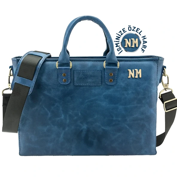 İsme Özel Günlük Kullanım El Omuz Evrak Laptop Çantası - %100 Deri - AC09004 - Saks Mavisi ürün görseli