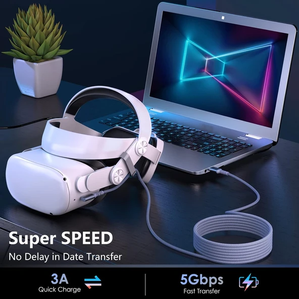 Daytona Vr-C Oculus Quest ile Uyumlu Vr5 Link Kablosu 5 M, 5gbps USB 3.2 Gen 1 Hızlı Veri Aktarımı, Hızlı Şarj Usb-C, Quest 2 Uyumlu (Type C To Type C) Kablo - Resim 4