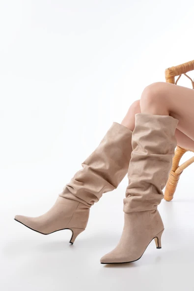 SR-2001 Bej Süet İnce Topuklu Günlük Bayan Çizme - Resim 3