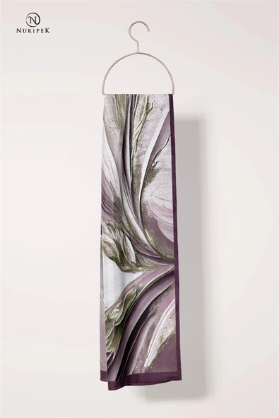 KREP ŞAL EFEKTLİ VE SOYUT DESENLİ MÜRDÜM RENKLİ 70X190 KIRIŞMAZ ŞAL İTAYLYAN DİKİŞLİ - Resim 3