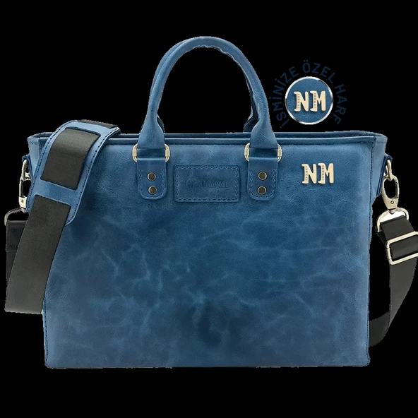 İsme Özel Günlük Kullanım El Omuz Evrak Laptop Çantası - %100 Deri - AC09004 - Saks Mavisi ürün görseli