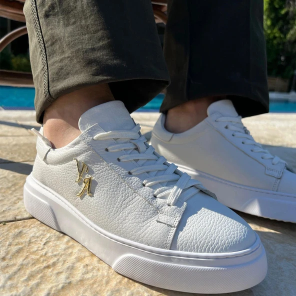 Kalın Ortopedik Tabanlı %100 Deri Sneaker Spor Ayakkabı - Beyaz - Resim 3