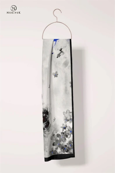 KREP ŞAL BATİK VE ÇİÇEK DESENLİ SİYAH - SAKS RENKLİ 70X190 KIRIŞMAZ ŞAL İTALYAN DİKİŞLİ - Resim 3