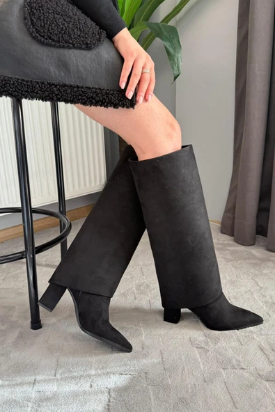 Kadın Kosvel Siyah Süet Tak Cıkar Detaylı Çizme - Resim 5