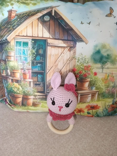 Amigurumi  Miniklerden Pembe Tavşan Çıngırak Sağlıklı Oyuncak El Örgüsü ürün görseli 1