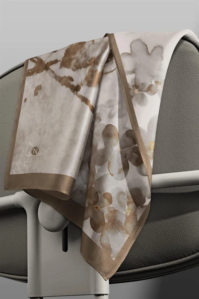 KREP ŞAL BATİK VE ÇİÇEK DESENLİ KAHVERENGİ - SOMON RENKLİ 70X190 KIRIŞMAZ ŞAL İTALYAN DİKİŞLİ - Resim 5