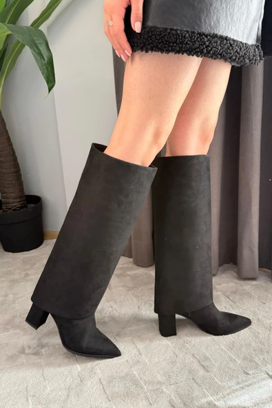 Kadın Kosvel Siyah Süet Tak Cıkar Detaylı Çizme - Resim 4
