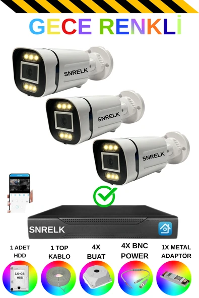 SNRELK sencrom HAMA 3 'LÜ 1080P Full Hd 320 Gb Gece Renkli Güvenlik Kamerası Set ürün görseli 1