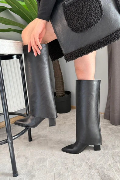 Kadın Kosvel Siyah Deri Tak Cıkar Detaylı Çizme ürün görseli 1