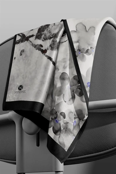 KREP ŞAL BATİK VE ÇİÇEK DESENLİ SİYAH - SAKS RENKLİ 70X190 KIRIŞMAZ ŞAL İTALYAN DİKİŞLİ - Resim 5