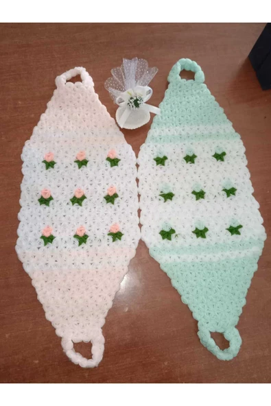 El Örgüsü Çiçekli Uzun Banyo Lifi 2li Takım Yavruağzı Ve Su yeşili - Resim 2