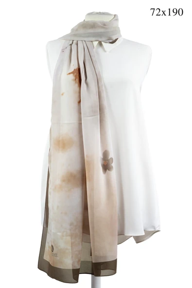 KREP ŞAL BATİK VE ÇİÇEK DESENLİ KAHVERENGİ - SOMON RENKLİ 70X190 KIRIŞMAZ ŞAL İTALYAN DİKİŞLİ - Resim 6