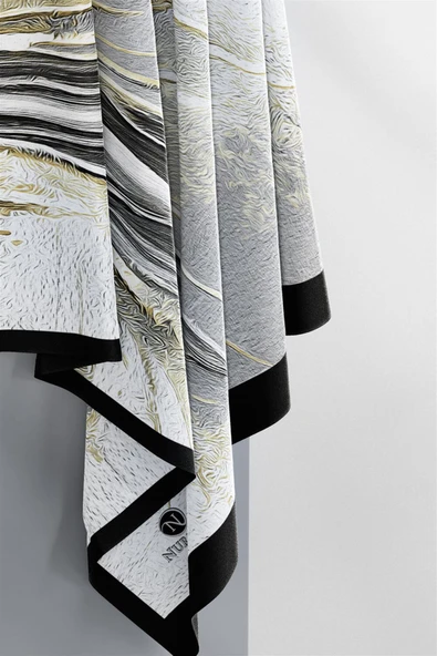 KREP ŞAL EFEKTLİ VE SOYUT DESENLİ SİYAH - GRİ RENKLİ 70X190 KIRIŞMAZ ŞAL İTAYLYAN DİKİŞLİ - Resim 4