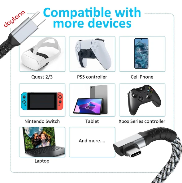 Daytona Vr-C Oculus Quest ile Uyumlu Vr5 Link Kablosu 5 M, 5gbps USB 3.2 Gen 1 Hızlı Veri Aktarımı, Hızlı Şarj Usb-C, Quest 2 Uyumlu (Type C To Type C) Kablo - Resim 5