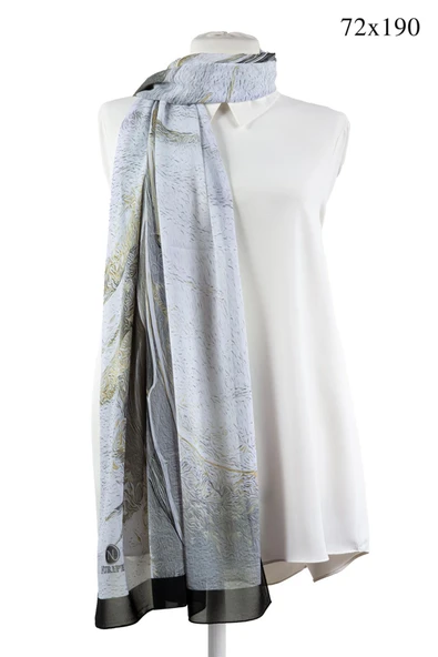 KREP ŞAL EFEKTLİ VE SOYUT DESENLİ SİYAH - GRİ RENKLİ 70X190 KIRIŞMAZ ŞAL İTAYLYAN DİKİŞLİ - Resim 6