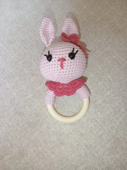 Amigurumi  Miniklerden Pembe Tavşan Çıngırak Sağlıklı Oyuncak El Örgüsü - Resim 3