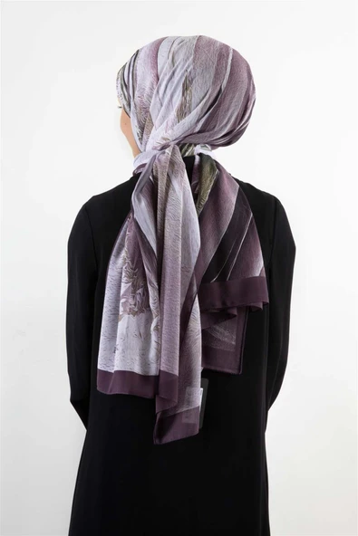 KREP ŞAL EFEKTLİ VE SOYUT DESENLİ MÜRDÜM RENKLİ 70X190 KIRIŞMAZ ŞAL İTAYLYAN DİKİŞLİ ürün görseli