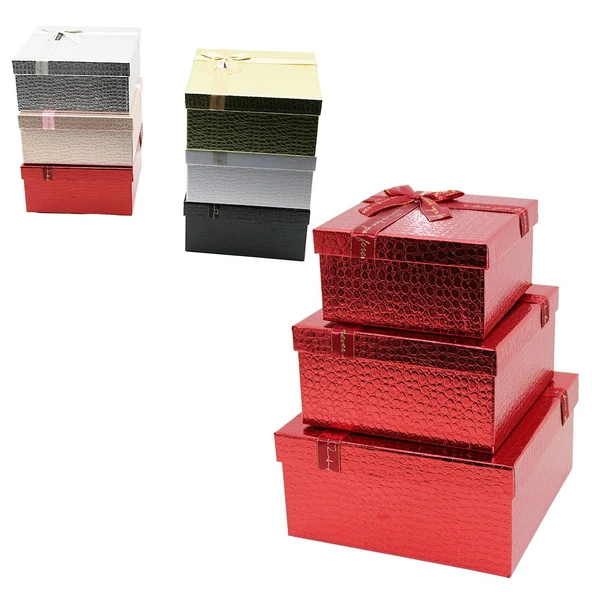 3PCS KARE PARLAK MİX RENKLİ - KABARTMA DESEN KARTON HEDİYE KUTUSU KURDELALI 25-21-17CM (5314) ürün görseli 1