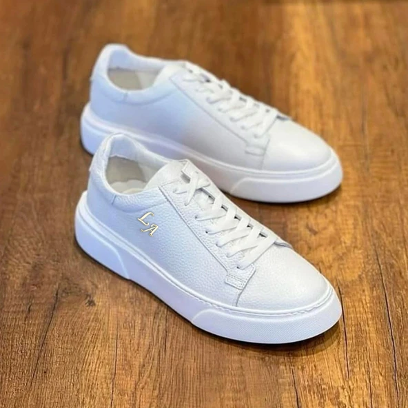 Kalın Ortopedik Tabanlı %100 Deri Sneaker Spor Ayakkabı - Beyaz - Resim 4