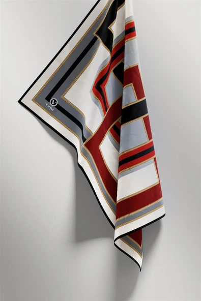 Twill Çerçeve Desenli Gri - Bordo Renkli 90x90 Eşarp (İpek İçermez) Kenar Dikiş Şekli El Dikişli - Resim 3
