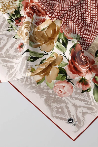 Twill Çiçek Desenli Taba Renkli 90x90 Eşarp (İpek İçermez) Kenar Dikiş Şekli El Dikişli ürün görseli