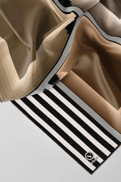 Twill Geometrik Desenli Bej Renkli 90x90 Eşarp (İpek İçermez) Kenar Dikiş Şekli El Dikişli - Resim 3