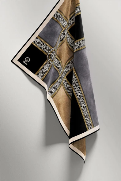 Twill Geometrik Desenli Gri Renkli 90x90 Eşarp (İpek İçermez) Kenar Dikiş Şekli El Dikişli - Resim 4