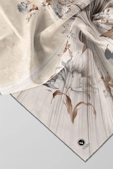 Twill Çiçekli Desenli Gri Renkli 90x90 Eşarp (İpek İçermez) Kenar Dikiş Şekli El Dikişli - Resim 2