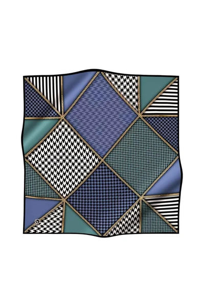 Twil Geometrik Ve Kazayak Desenli İndigo - Petrol Yeşili Renkli 90x90 Eşarp (İpek İçermez) Dikim Şekli : El Dikişi - Resim 2
