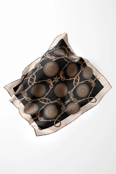 Twill Kemerli Ve Geometrik Desenli Bej Renkli 90x90 Eşarp (İpek İçermez) Kenar Dikiş Şekli El Dikişli - Resim 3