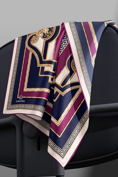 %100 Twill İpek Barok Desenli Mürdüm - Lacivert Renkli 90x90 Eşarp Dikim Şekli : El Dikişi - Resim 3