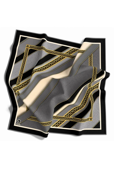 Twill Gold Çerçeveli Renkli Şerit Desenli Gri Renkli 90x90 Eşarp (İpek İçermez) Dikim Şekli : El Dikişi ürün görseli