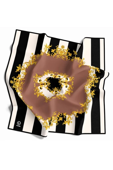 Twill Çizgili Barok Desenli Bakır Renkli 90x90 Eşarp (İpek İçermez) Kenar Dikiş Şekli El Dikişli - Resim 2