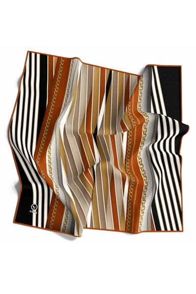 Kristal Zincirli Ve Çizgili Desenli Taba Renkli 90x90 Eşarp (İpek İçermez) Kenar Dikiş Şekli El Dikişli ürün görseli