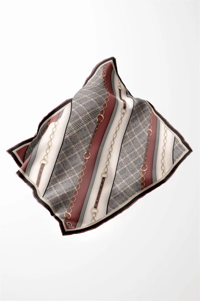 Twill Kemer Desenli Pudra Renkli 90x90 Eşarp (İpek İçermez) Kenar Dikiş Şekli El Dikişli - Resim 3