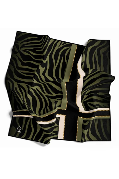 Twill Zebra Desenli Siyah - Haki Renkli 90x90 Eşarp (İpek İçermez) Dikim Şekli : El Dikişi ürün görseli 1