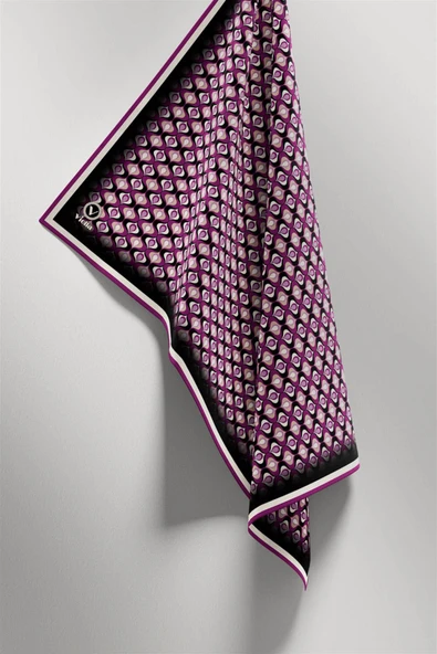 Twill Çıtır Desenli Mürdüm Renkli 90x90 Eşarp (İpek İçermez) Kenar Dikiş Şekli El Dikişli - Resim 4