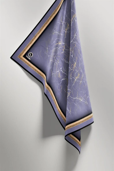 Twill Barok Çerçeveli Mermer Desenli İndigo Renkli 90x90 Eşarp (İpek İçermez) Kenar Dikiş Şekli El Dikişli - Resim 5