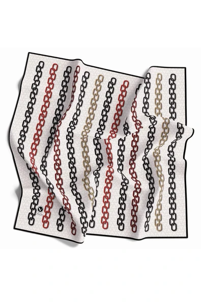 Twill Zincir Desenli Krem - Bordo Renkli 90x90 Eşarp (İpek İçermez) Kenar Dikiş Şekli El Dikişli - Resim 2