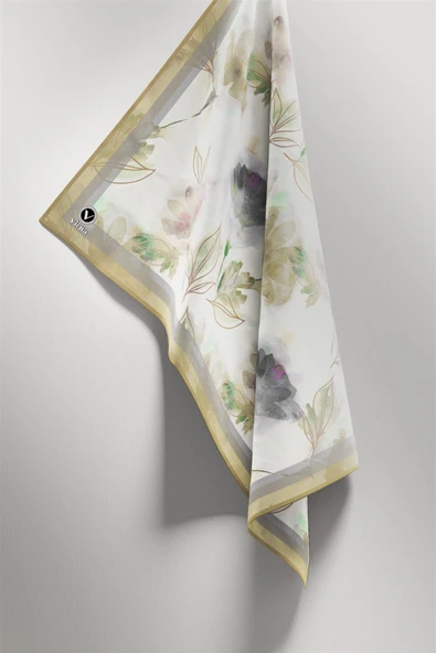 Twill Suluboya Çiçek Desenli Bej Renkli 90x90 Eşarp (İpek İçermez) Kenar Dikiş Şekli El Dikişli - Resim 4