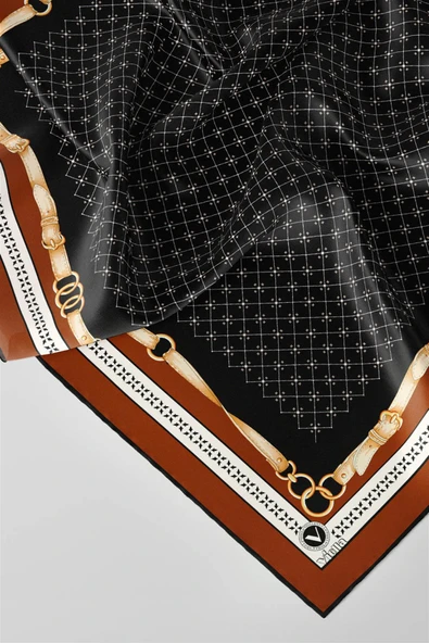 Twill Kemerli ve Çıtır Motifli Desenli Taba Renkli 90x90 Eşarp (İpek İçermez) Dikim Şekli : El Dikişi - Resim 2