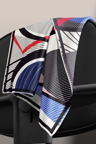 %100 Twill İpek Çizgili Geometrik Desenli Beyaz - Saks Renkli 90x90 Eşarp Dikim Şekli : El Dikişi - Resim 5