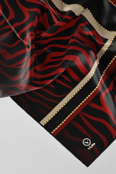 Twill Zebra Desenli Siyah - Bordo Renkli 90x90 Eşarp (İpek İçermez) Dikim Şekli : El Dikişi - Resim 2