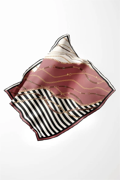Twill Çizgili Zincir ve Kemer Desenli Pudra Renkli 90x90 Eşarp (İpek İçermez) Kenar Dikiş Şekli El Dikişli - Resim 3