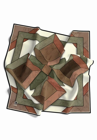 Kristal Mermer Desenli Bakır - Haki Renkli 90x90 Eşarp (İpek İçermez) Kenar Dikiş Şekli El Dikişli ürün görseli