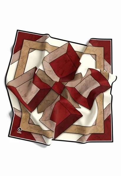 Kristal Mermer Desenli Bordo - Bej Renkli 90x90 Eşarp (İpek İçermez) Kenar Dikiş Şekli El Dikişli ürün görseli