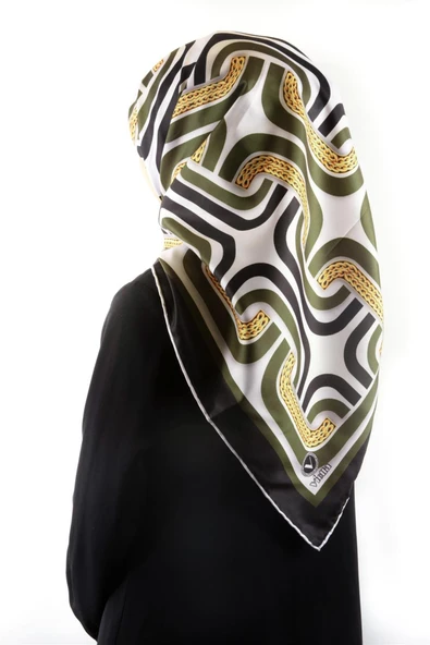Twill Geometrik Zincir Desenli Haki Renkli 90x90 Eşarp (İpek İçermez) Kenar Dikiş Şekli El Dikişli ürün görseli