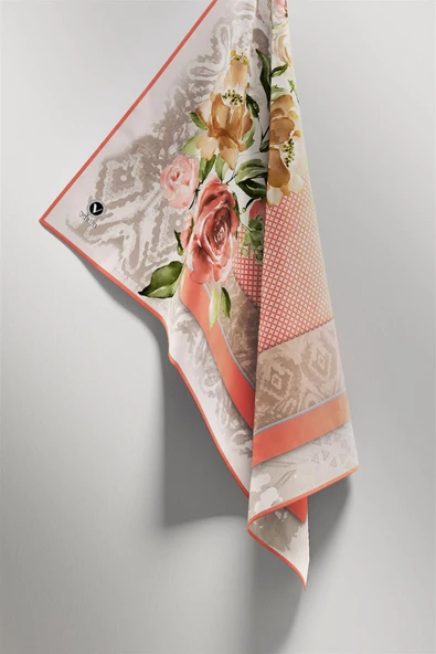 Twill Çiçek Desenli Somon Renkli 90x90 Eşarp (İpek İçermez) Kenar Dikiş Şekli El Dikişli - Resim 3